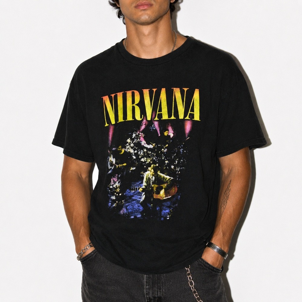 Nirvana MTV Unplugged Graphic T Shirt Mens L Black Double Sided Grunge Band Tee